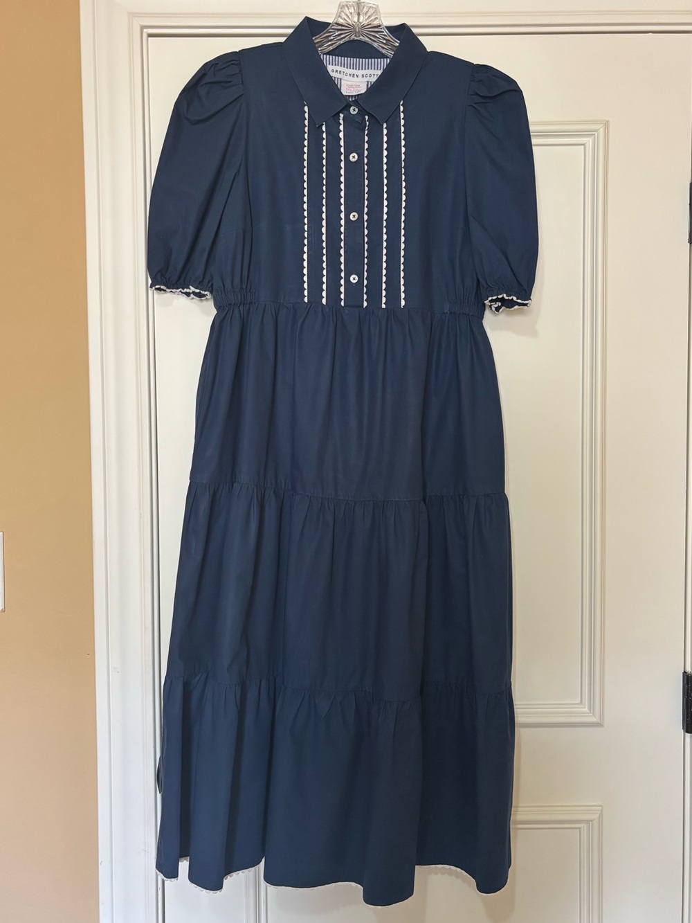 Gretchen Scott Designs Navy Tiered Maxi Dress with Ric Rac White Trim - Picture 2 of 5